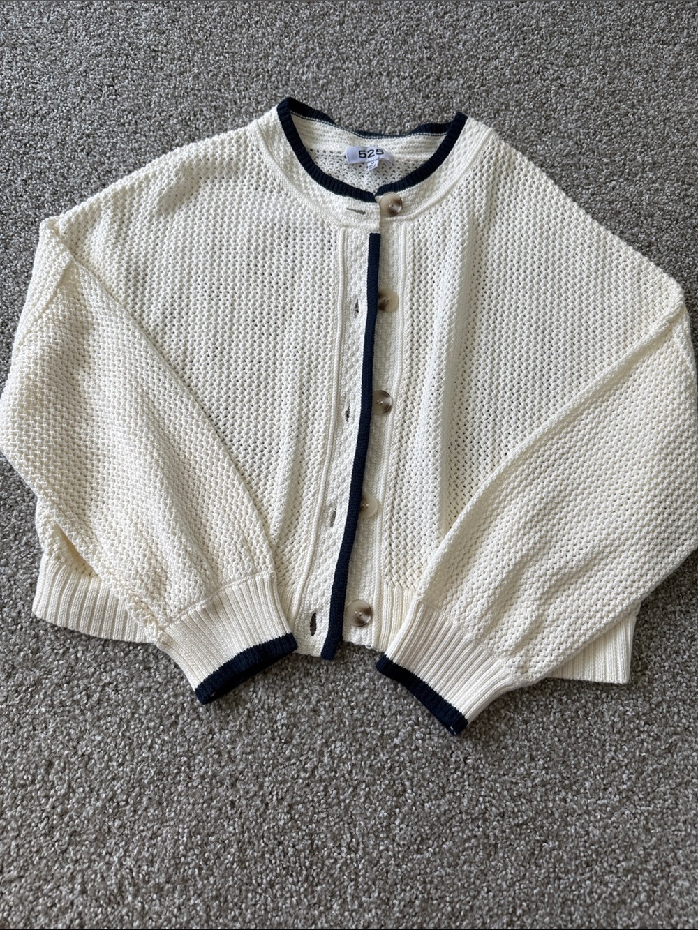 NWT 525 Classic Cream Knit Cardigan with Navy Trim M